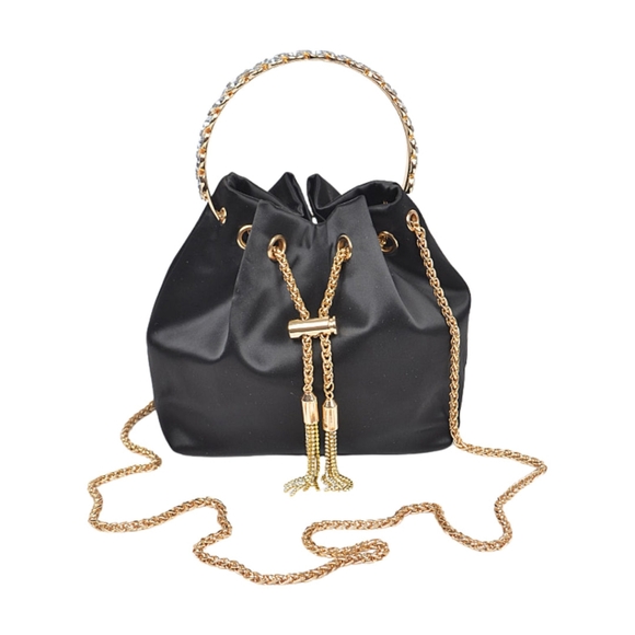 Women's Stylish Black Satin Sachel Top Handle Tassels-Detail Handle Bag - Picture 2 of 8